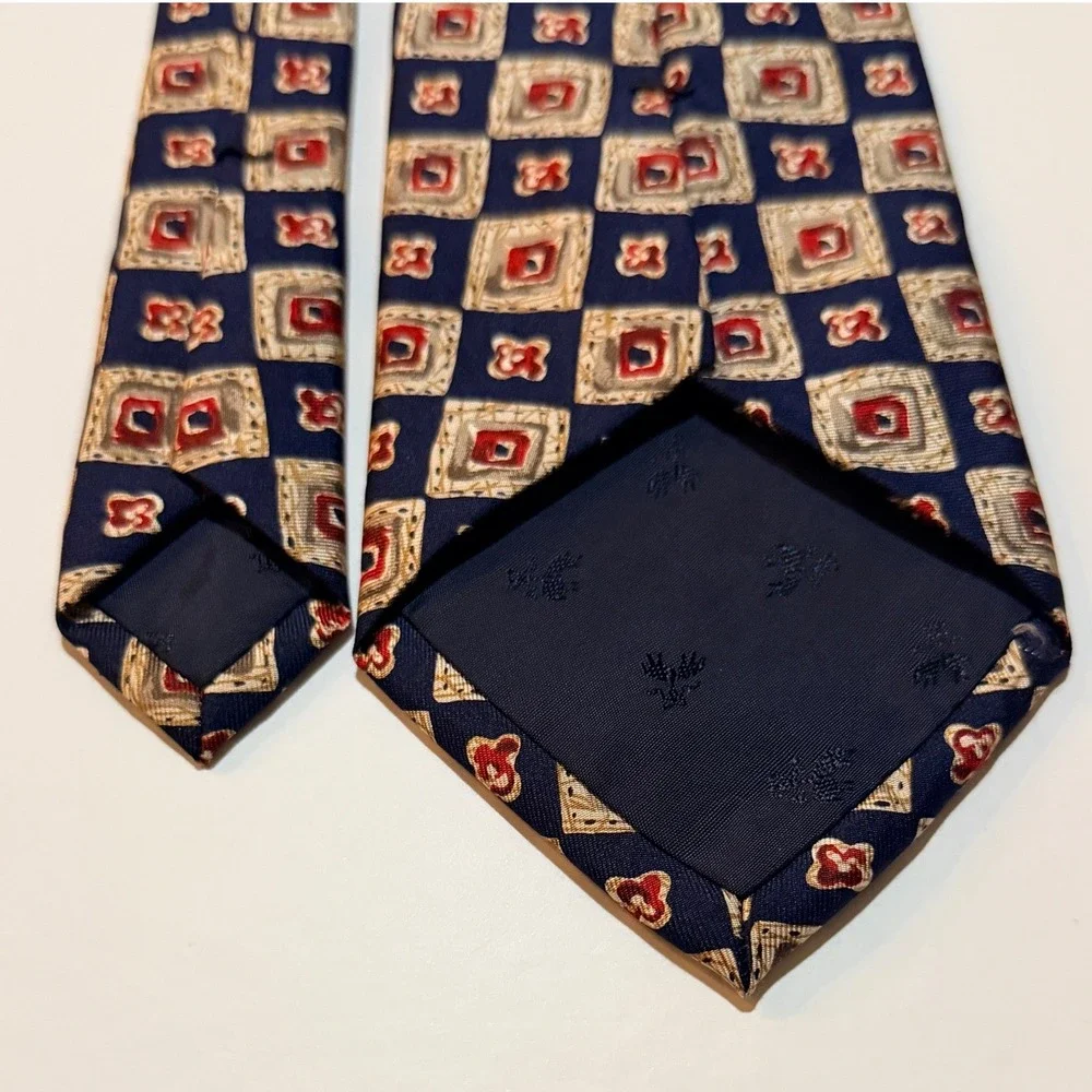 Brooks Brothers Silk Tie Tan Navy Blue Red‎ Geometric Square Preppy Classic